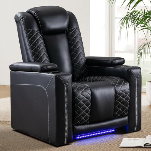 IOMOR Home Theater Seating with USB Ports and Cup Holders, Overstuffed Faux Leather Electric Power Recliner Chair with Hidden Arm Storage, Ambient Lighting (1, Black+Lighting)