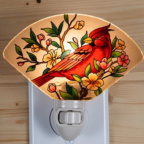 Image of Red Cardinal Night Light - Stained Glass Styled Plug-in Wall Light for Vertical Outlets - Real Glass with Warm Glow for Bedroom, Bathroom, Hallway, Gift for Bird Lovers