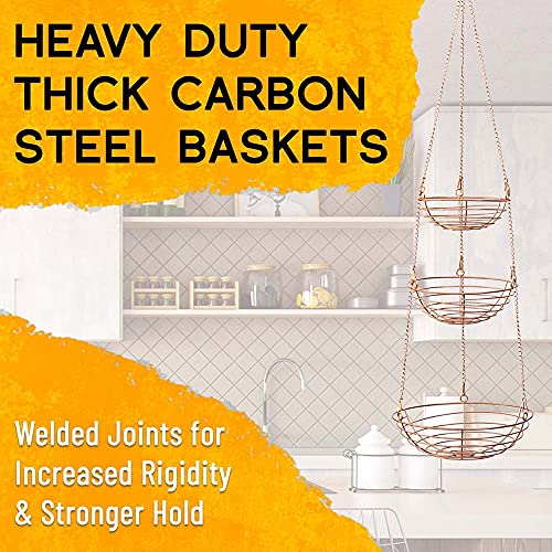 Kitchen Science 3 Tier Hanging Fruit Baskets For Kitchen | Heavy Duty With Rose Gold/Copper Finish | Copper Hanging Fruit Baskets Comes In A Giftable Box With Bonus Accessories And Wall Hook #TOP2