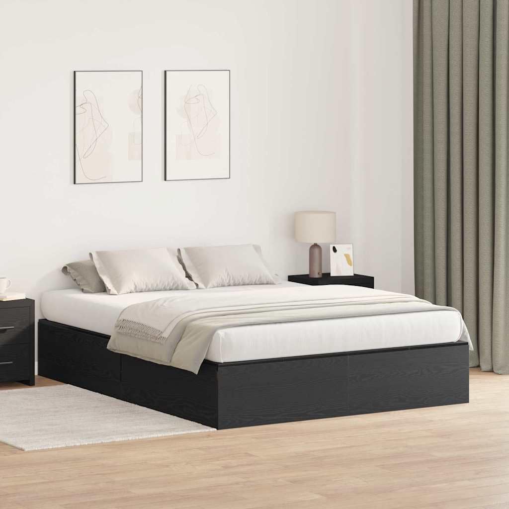 160x200 cm Solid Oak Storage Bed Frame with 8 Drawers, Black | Platform design requires no box spring, providing ample under-bed space for bedroom organization.