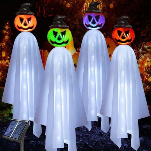 Upgraded Halloween Decorations Outdoor 4 Pack Waterproof Solar Pumpkin Ghosts Garden Stake Lights for Front Yard Patio Lawn Pathway Halloween Party Decorations