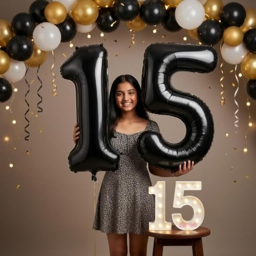 Image of Balloonistics Black 40-Inch Foil Number 15 Balloon with Matching LED Marquee Light - Combo Set for 15th Birthday, Anniversary, Party Decoration, Photo Booth Backdrop, Cake Table Decor