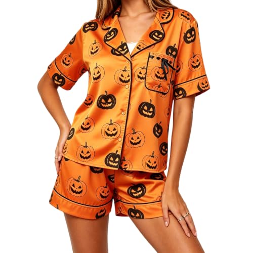 Image of Women Holiday Satin Pajamas Short Sleeve Shirts Shorts Set 2pc Loungewear