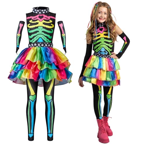 Ntwdby Disfraz Halloween Niña Esqueleto, Colorido Disfraz de Esqueleto para Niñas, Vestido Esqueletos de Halloween Niñas, Disfraces de Esqueletos para Niña para Halloweens Carnaval y Cosplay (M)