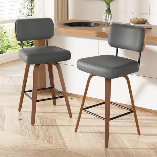 Image of Swivel Bar Stools Set of 1, 26 inch Upholstered Faux Leather Counter Height Barstools with Walnut Back & Bentwood Legs, Mid Century Modern Bar Chairs Island Stools for Kitchen Counter, Dark Grey