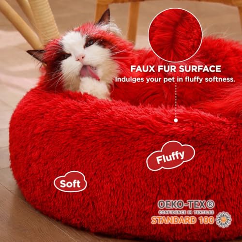 Image of ZEXSAZONE Summer Small Cat Bed Donut Shape for Kittens & Small Dogs | Soft Plush Washable Puppy Bed | Raised Sides for Head & Neck Support | Reversible 2-in-1 Pet Cushion Red