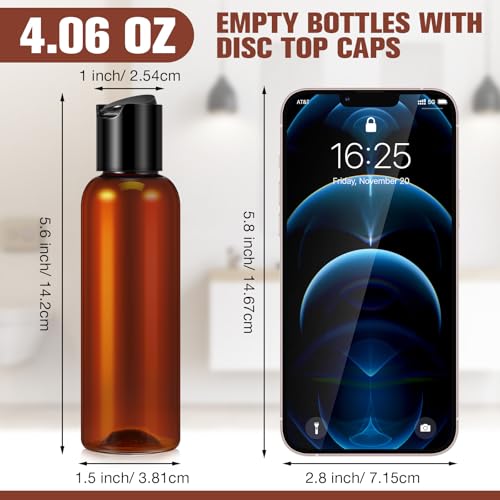 50 Pieces 4oz Plastic Squeeze Bottles with Disc Top Flip Cap Empty Amber Refillable Containers Small Travel Toiletry Bottles for Lotion Shampoo Oil Body Soap Creams2