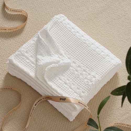 Image of PHF 100% Cotton Waffle Throw Blanket for Couch, Lightweight Breathable and Soft for Summer, Luxury Aesthetic Waffle Weave Blanket for Home Decor & Office, Gifts for Women, 50 inchx60 inch, White