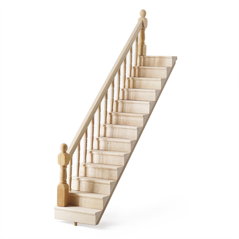 Odoria Dollhouse Staircase with Railing Miniature: 1/12 Scale Straight Stairs with Left Handrail for Fairy Garden - Mini Wood Furniture Unfinished Crafts DIY, Assembly Required