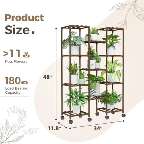 image for Bamworld Plant Stand With Wheels Indoor Outdoor Wood Plants Shelf for 
