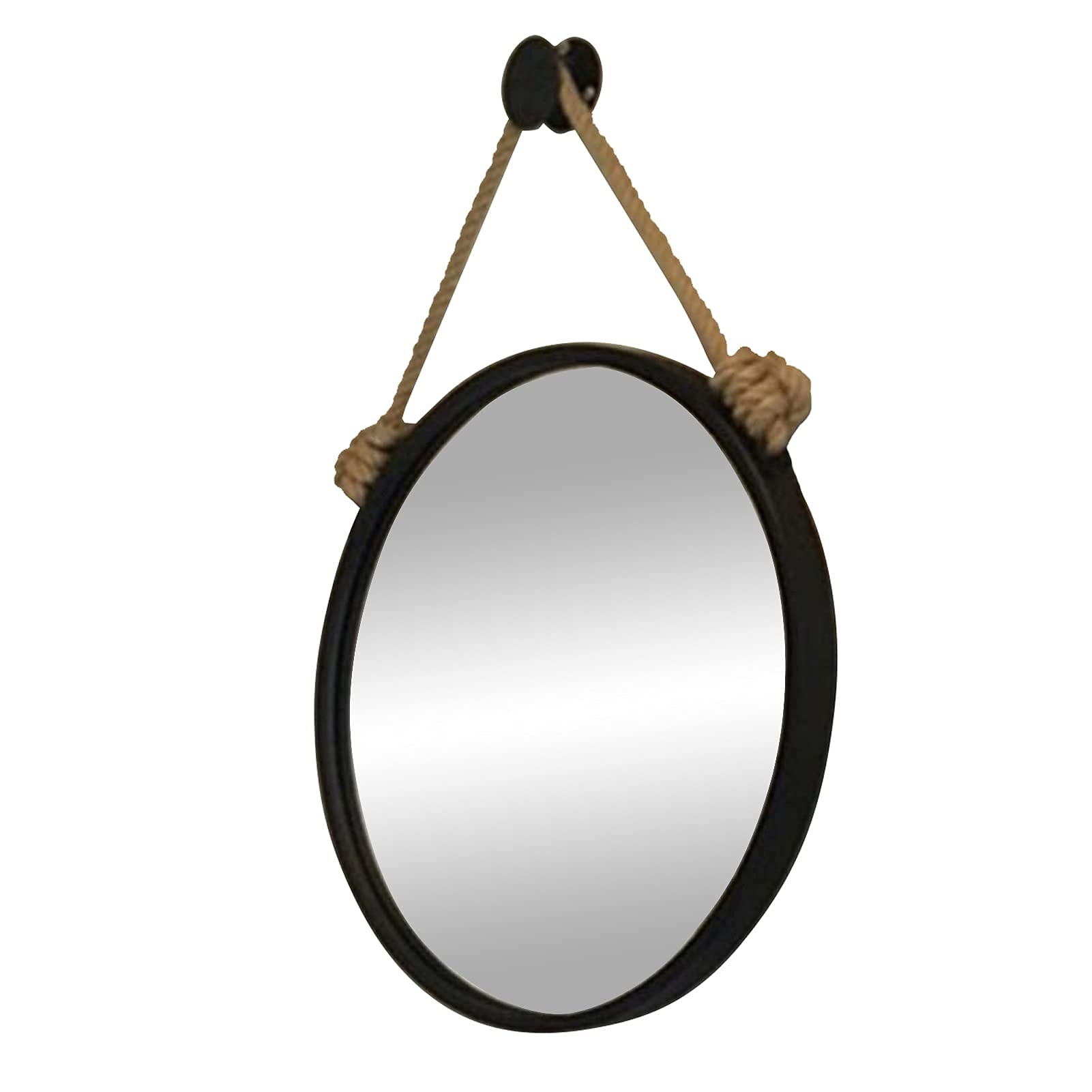 TYUHDUYUR Contemporary Round Makeup Vanity Mirrors with Hainging Hemp Rope Hanging Strap Black Metal Framed Bathroom Large Mirror Home Decor Fashion / 70cm