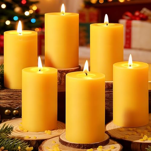 Natural Beeswax Pillar Candles 6 Pack, Pure Beeswax Candles-210 Hours Long Burning, Bees Wax Candles for Home,Paryer,Parties, Dripless Pillar Beeswax Candle Bulk 2x4in