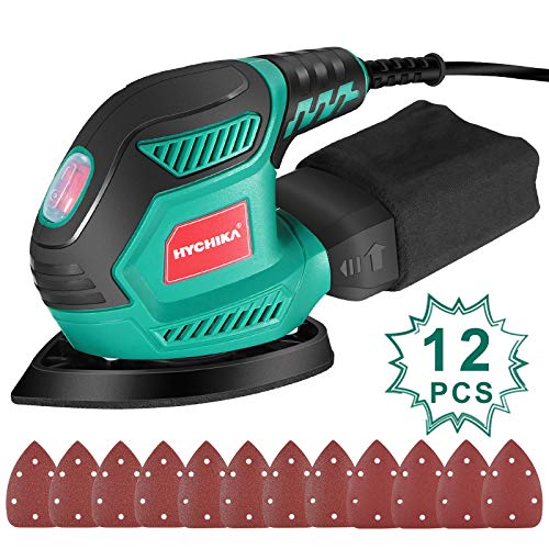 HYCHIKA Detail Sander, 14,000 OPM Compact Electric Sander Tool with 12 Pcs Sandpapers,Efficiency Dust Collection System,Suitable for Tight Spaces Sanding,Polishing,Removing Paint in Home Dec