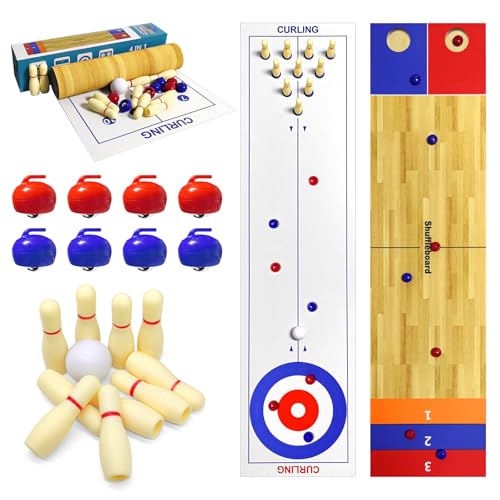 4 in 1 Tabletop Board Game Set Shuffleboard Bowling Curling Cornhole Game Tabletop Shuffleboard Bowling Curling Games Interactive Tabletop Board Games Ideal for School Home Office Party