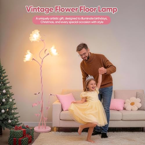 Image of TOBUSA Flower Floor Lamp for Bedroom, 3-Head Whimsical Pink Floor Lamp with Flexible Gooseneck, 67'' Tall Retro Floral Standing Lamp for Living Room, Modern Unique Cute Flower Corner Lamp for Girl