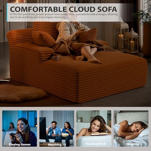 Image of 67 Inch Chaise Lounge Chair Indoor, Oversized Corduroy Upholstered Boneless Sofa Bed, Deep Seat Sleeper Couch Reading Chairs, Cloud Sofas Couches for Living Room, No Assembly Required (Orange)