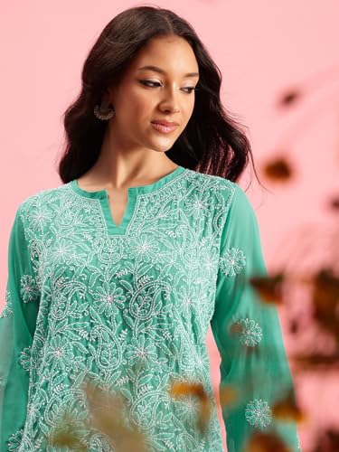 Image of Ada Women's Georgette Regular Fit Chikankari Hand Embroidered Lucknow Short Kurti Top A911224