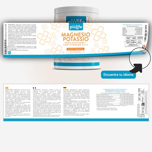 Magnesio Y Potasio En Polvo 600g Naranja PiùLife, Potasio Y Magnesio Con Vit C, B12, B6, B1 Y Acido Folico, Suplemento Para El Cansancio, Apoyo Muscular Y Sistema Nervioso, Equilibrio Electrolitos