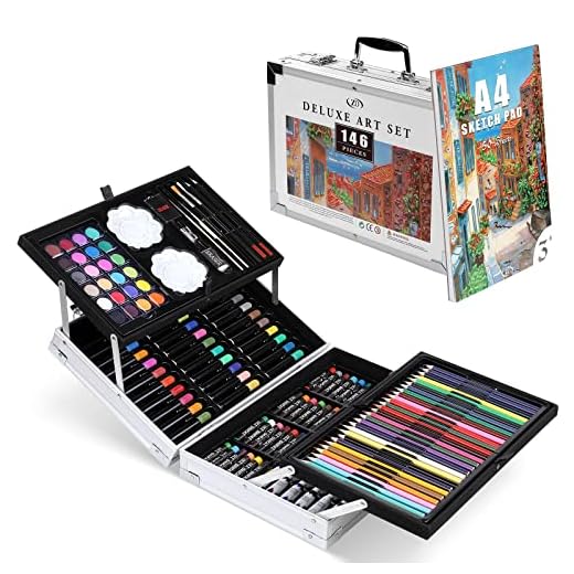 Zezirdas 146 Piezas Set de Pintura, Maleta de Metal Elegante - Lápices de Colores, Acuarelas, Pasteles al óleo, Pinceles de cerdas, lápices HB, Bloc de Dibujo etc niños, Principiantes