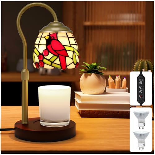 XIFEINIU Candle Warmer Lamp with Timer Dimmer Adjustable Height Candle Warmer for Jar Candles Birthday Gifts for Women New Home Bedroom Decor Tiffany Red Cardinal Style Stained Glass with 2 Bulbs