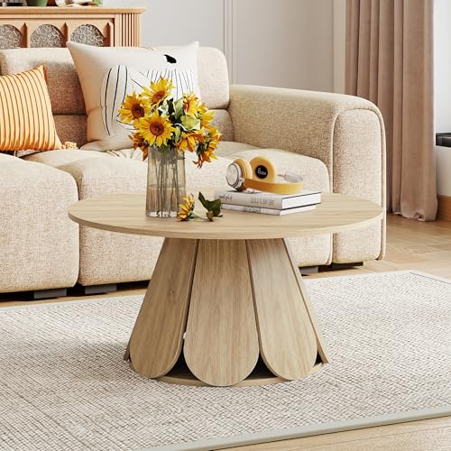 Image of Round Coffee Table, Modern Farmhouse Wood Circle Center Table with Pedestal Base for Small Space, Living Room, Apartment, Natural
