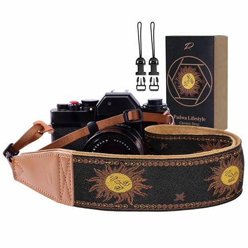 Padwa Lifestyle Sun God Camera Strap - 2 Full Grain Leather Ends, Vintage Sun Face Camera Straps for Photographers, Soft Chamois Velvet Padded Strap Quick Release fits All Cameras