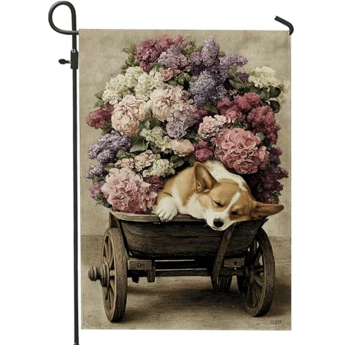 Bandiera da giardino floreale primaverile, decorazioni di ortensie e lilla, bandiera da giardino in iuta su entrambi i lati, per decorazioni per la casa all'aperto, striscione per prato per feste di