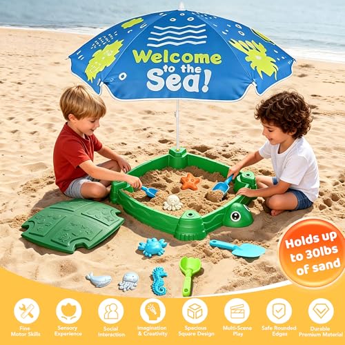Image of Turtle Sandbox with Lid and Umbrella, Large Square Sand Box for Kids | square shape saves space, adjustable umbrella, 6 sea molds & 4 shovels, rounded safe edges, PP material, washable, ages 3+
