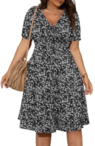 Image of POSESHE Womens Plus Size Dresses Summer Short Sleeve Wrap V-Neck Sundress Casual Wedding Guest Cocktail Dress with Pockets