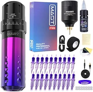 Mast Flip Rotary Machine Wireless Tattoo Pen Kit Tattoo T1 Battery Supply Power Cartridges Needles (Flip Purple Kit)