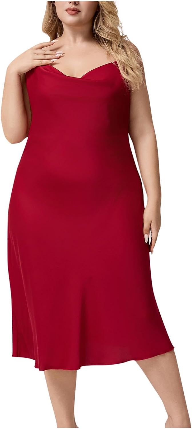Women's Satin Slip Dress Plus Size Cowl Neck Spaghetti Strap Nightgowns Sexy Lingerie Midi Dresses Solid Sleepwear