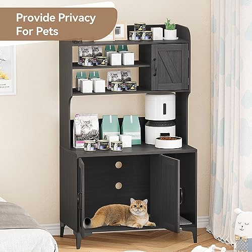 IDEALHOUSE Cat Litter Box Enclosure with Shelves and Doors,Wood Sturdy Hidden Litter Box Furniture,Indoor Cat House Furniture for Most of Litter Box,Litter Box Cabinet,Walnut Color