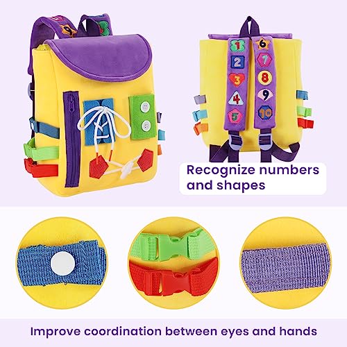Image of Busy Board - Toddler Backpack with Buckles and Learning Activity Toys - Develop Fine Motor Skills and Basic Life Skills - Learn to Tie Shoes - Children's Travel Toy (Yellow)