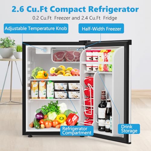 Image of COWSAR 2.6 Cu.Ft Dorm Fridge with Freezer, Single Reversible Door Compact Refrigerator, Adjustable Thermostat, 2 Removable Shelves, Commercial Drink Fridge for Bedroom, Office, Kitchen, Dorm, Silver