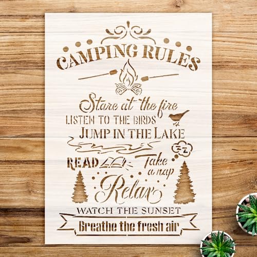 Camping Rules Stencil for Wood and Outdoor Decor, Reusable Mylar Template, Ideal for DIY Camper and Cabin Craft Projects - Size A2 (16.9