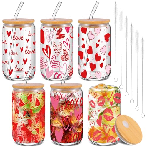 Qinyoung 6 Pcs Valentine's Day Glass Cups with Bamboo Lids and Glass Straws, 16 oz Red Heart Drinking Glasses Set, Reusable Love Iced Coffee Glasses for Galentine's Party Romantic Gifts (Valentines)