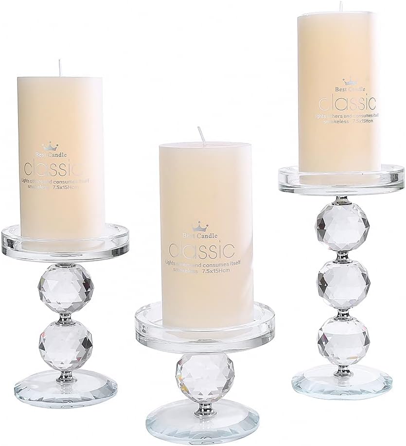 Crystal Pillar Candlestick Holder Set of 3 Clear Glass Candlestick Holder Ideal Centerpieces for Wedding and Birthday Party and Holidays : Home & Kitchen