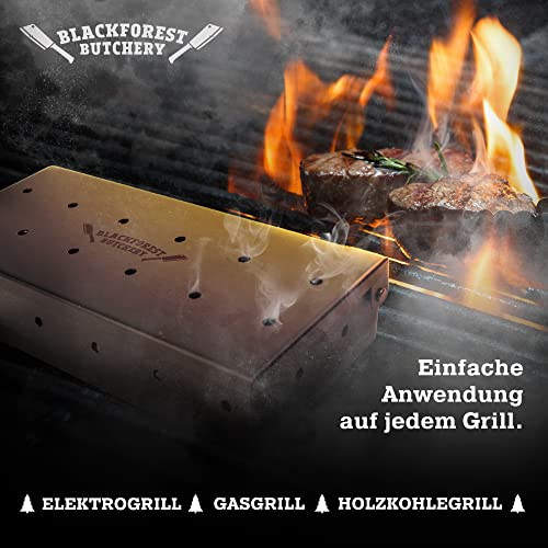 Schwarzwald Metzgerei – Räucherbox Set inkl. Räucherchips für Holzkohle-, Elektro- & Gasgrill – Smokerbox aus Edelstahl zum Grillen – Smokergrill-Flair für Fleisch, Fisch & Gemüse (22 x 9,5 x 4 cm)
