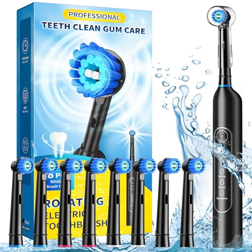 TEETHEORY Rotating Electric Toothbrush for Adults with 8 Brush Heads, Sensitive Gum Care Electric Toothbrush with 3 Modes and 2 Min Smart Timer, Rechargeable Last 60 Days (Black, 1 Count) by TEETHEORY - Used condition - US$15.32