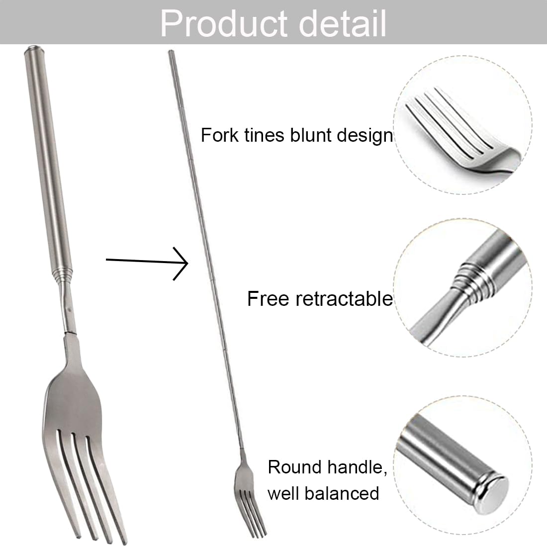 Forchetta telescopica, forchetta telescopica lunga, forchetta telescopica in acciaio inossidabile, forchetta estensibile con manico lungo, per barbecue, brindisi, cena, frutta, dessert, argento