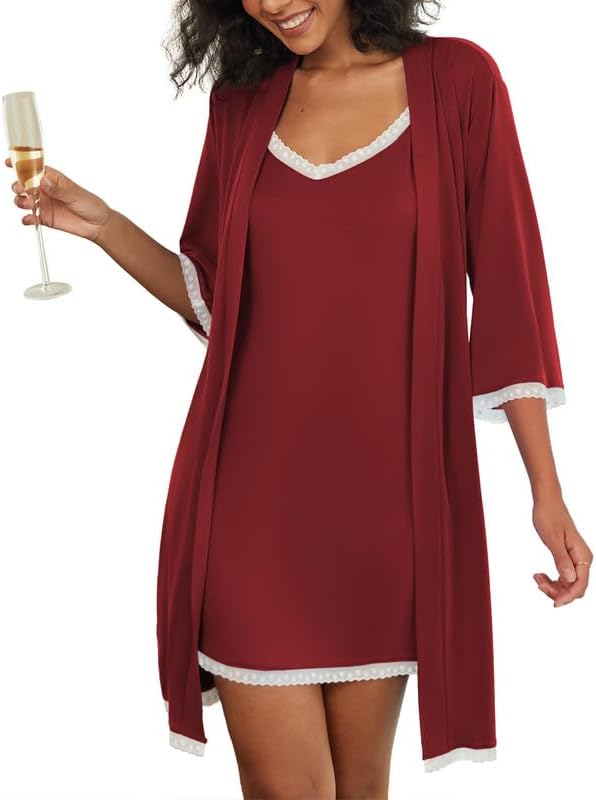 ekouaer women's nightgown and robe set 3/4 sleeves robes 2 piece bathrobe set v-neck lace cami sleepwear with pockets s-2xl wine red small