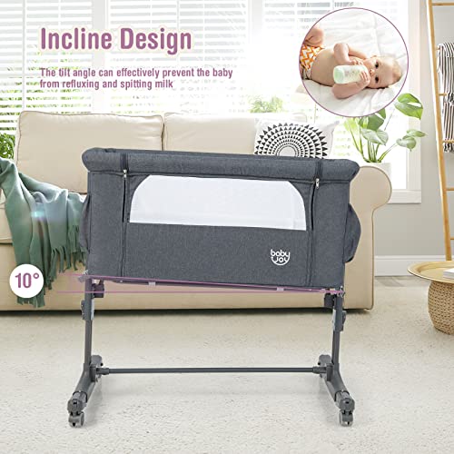 COSTWAY 3-in-1 Baby Bedside Crib, Easy Folding Cot Bed with Mattress, Breathable Mesh Window, Lockable Wheels and Travel Bag, Height Adjustable Newborn Sleeper for Birth to 9kg (Grey) - Image 5