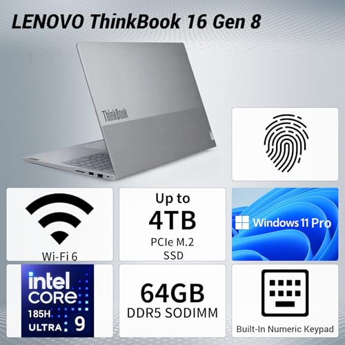 Image of Lenovo ThinkBook 16 Gen 8 Business AI Laptop, Intel Core Ultra 9 185H, 16 inch FHD+ IPS, 32GB DDR5, 1TB PCIe SSD, Wi-Fi 6, HDMI, Fingerprint Reader, IR Camera, AI-Ready, Windows 11 Pro, Grey, w /Bundle