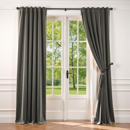 Image of Grey Velvet Curtains Modern Luxury Rod Pocket 52x84 Inch 2 Panels | Soft Velvet, Room Darkening, For Bedroom & Living Space, Light Shifting Texture, Elegant Drape, Cozy