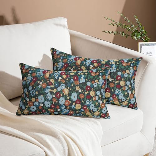 Vintage Embroidery Floral Pillow Coveres 12x20 for Sofa Couch Chair Bedroom Living Room,Jacquard Black Square Decorative Throw Pillow Covers