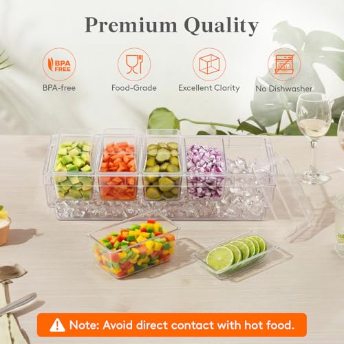 Lifewit Chilled Condiment Containers with Lids, Plastic Taco Bar Serving Set for Party with 5 Containers, Ice Garnish Tray for Mimosa Bar Supplies, Clear Serving Platter for Fruit, Salad, Snack #4