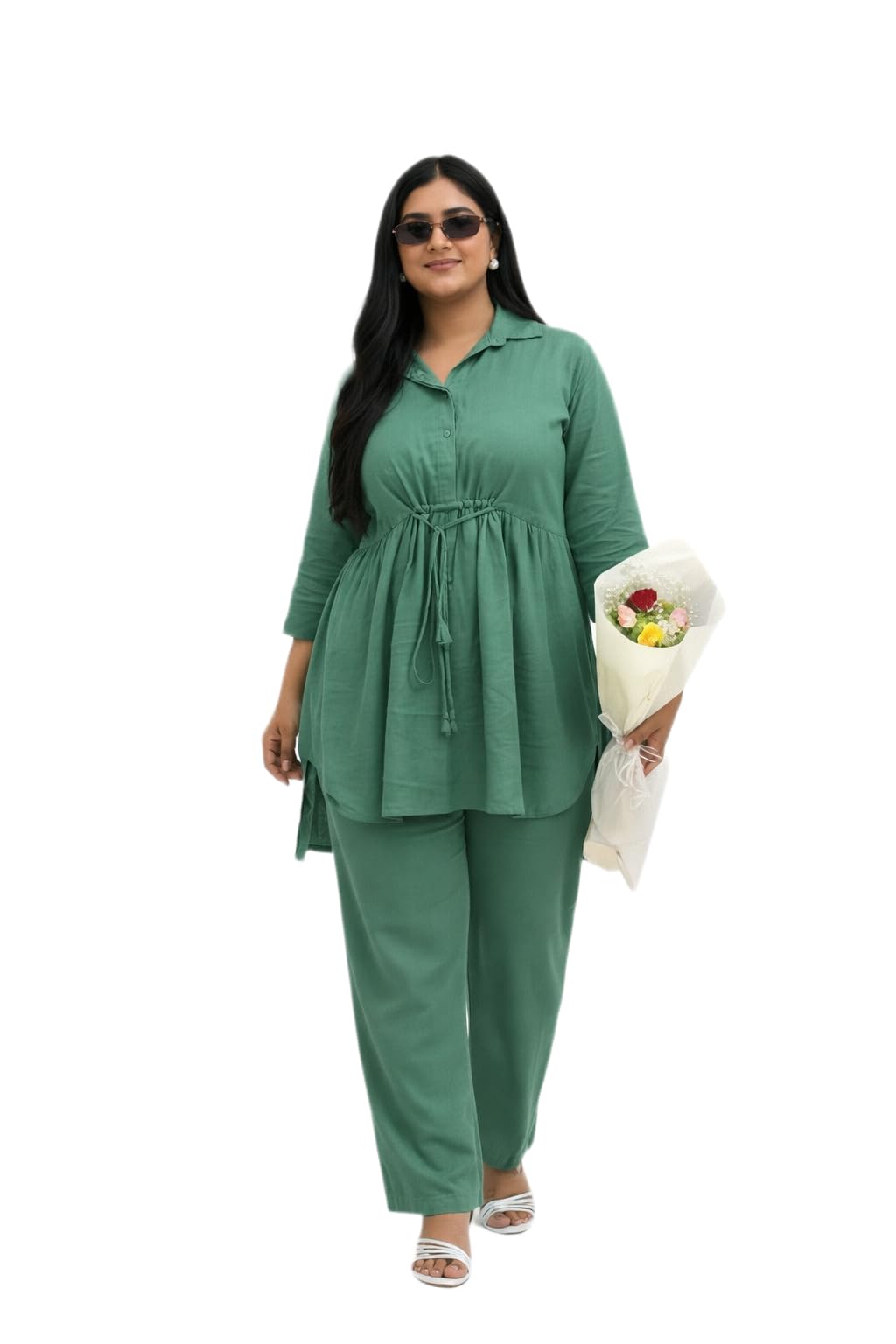 label by anuja Olive Green Elastic Coordinated Outfit Womens Shirt Pant Set-picture-40