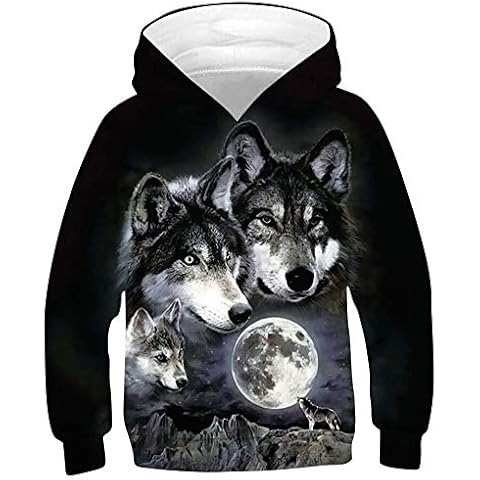 Goodstoworld Kids Hoodie Oversized Hoodie Girls Moon Wolf Jumper 3D Print Pullover Long Sleeve Tops Lightweight Sweatshirts with Pockets(8-11 Years,M) Cover