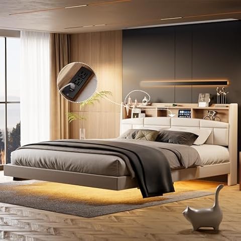 ANCTOR Floating King Bed Frame with Charging Station, Tall Bookcase Headboard, Solid Wood Slats Support, No Box Spring Needed, Easy to Assemble Cover