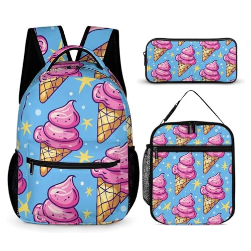 Ice Cream Cone Pattern Backpack Set 3 Piece, Durable Backpack Insulated Lunch Bag Portable Pencil Case for Men Women